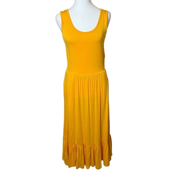 J Jason Wu Solid Knit Ruffle Midi Dress Golden Yellow XS Stretch Autumn Tiered - Picture 2 of 12
